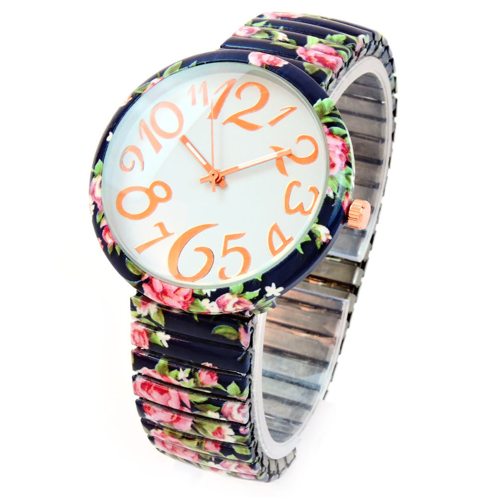 Navy Blue Roses Floral Print to Band Stretch Face Watch Collection Easy – Read Large ShowTime