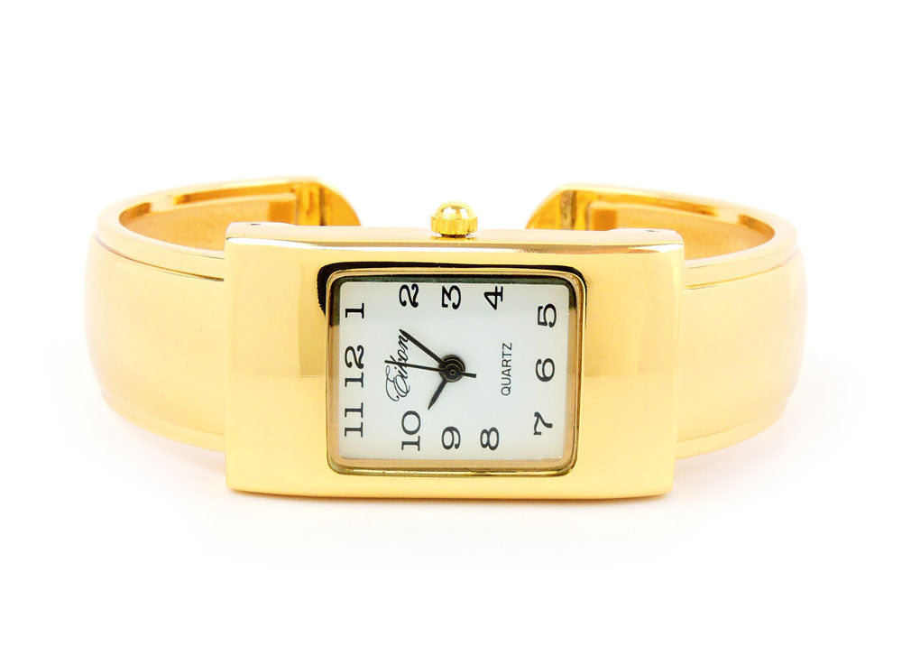 Gold Small Size Rectangle Case Easy to Read Women's Bangle Cuff Watch