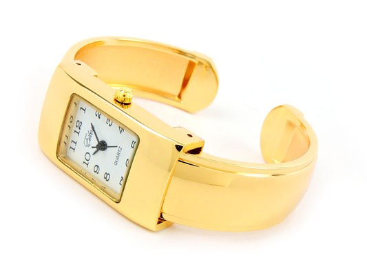 Gold Small Size Rectangle Case Easy to Read Women's Bangle Cuff Watch