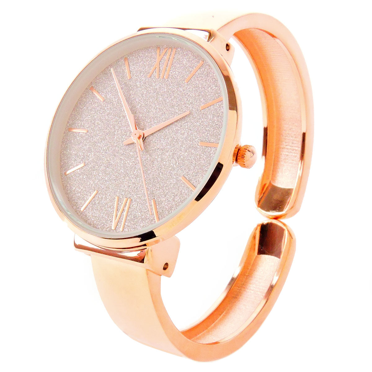 Rose Gold Round Face Glittered Dial Fashion Women's Bangle Cuff Watch