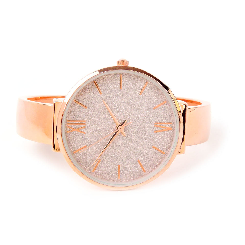 Rose Gold Round Face Glittered Dial Fashion Women's Bangle Cuff Watch