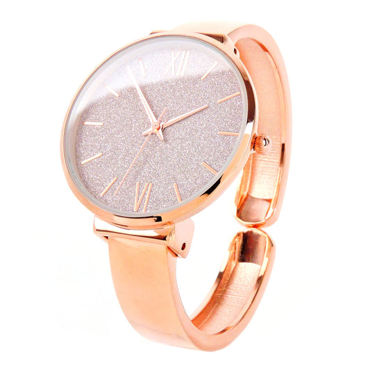 Rose Gold Round Face Glittered Dial Fashion Women's Bangle Cuff Watch