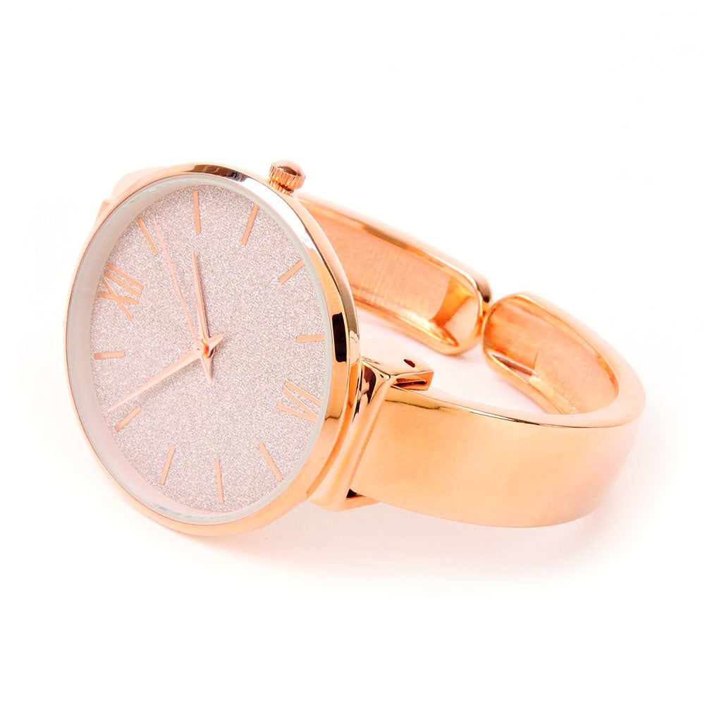 Rose Gold Round Face Glittered Dial Fashion Women's Bangle Cuff Watch