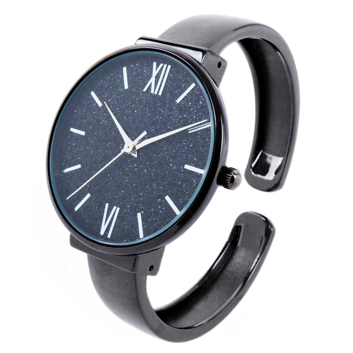 Black Round Face Glittered Dial Fashion Women's Bangle Cuff Watch