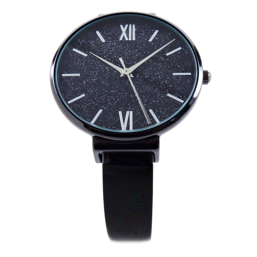 Black Round Face Glittered Dial Fashion Women's Bangle Cuff Watch