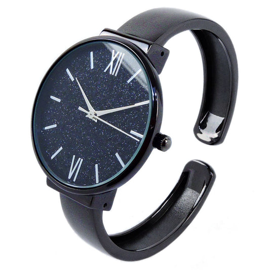 Black Round Face Glittered Dial Fashion Women's Bangle Cuff Watch