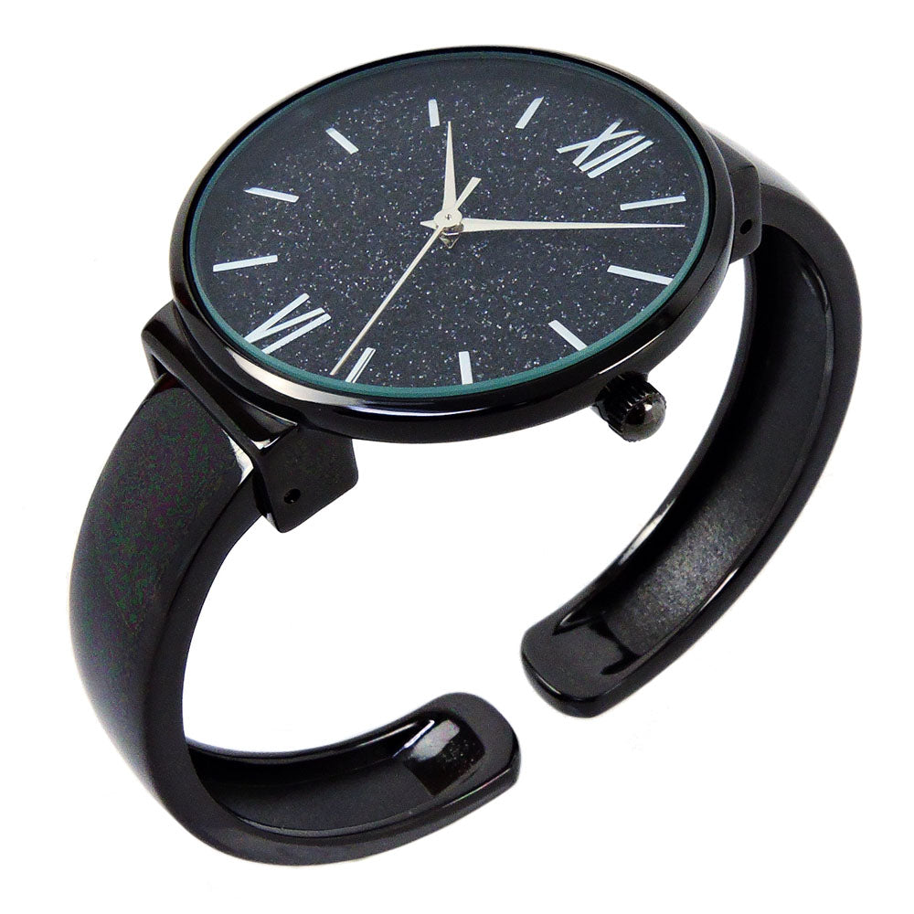 Black Round Face Glittered Dial Fashion Women's Bangle Cuff Watch