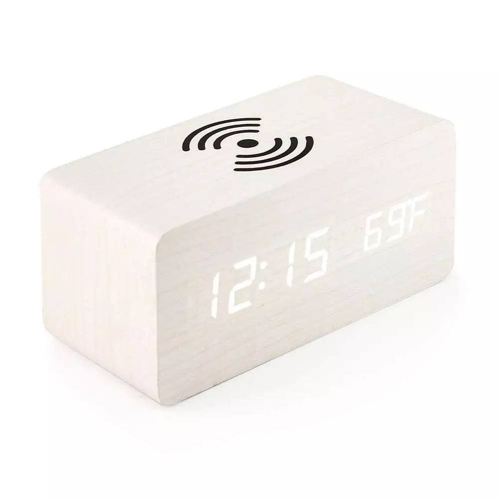 STC Wooden Led Clock Wireless Charging, Time & Temperature Display