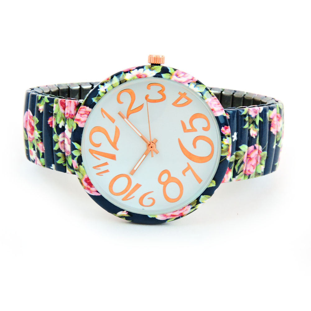 Navy Blue Roses Floral Print Large Face Easy to Read Stretch Band Watch –  ShowTime Collection