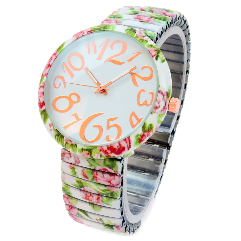 White Roses Floral Print Large Face Easy to Read Stretch Watch ...