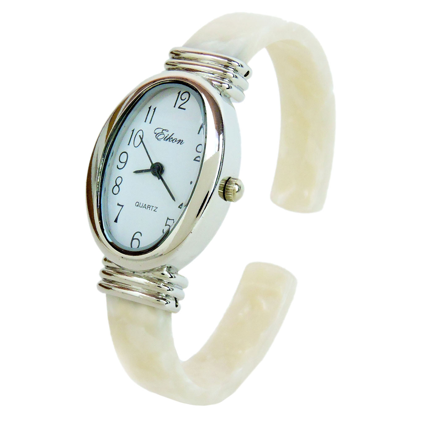 White Pearl Acrylic Band Silver Oval Case Women's Bangle Cuff Watch