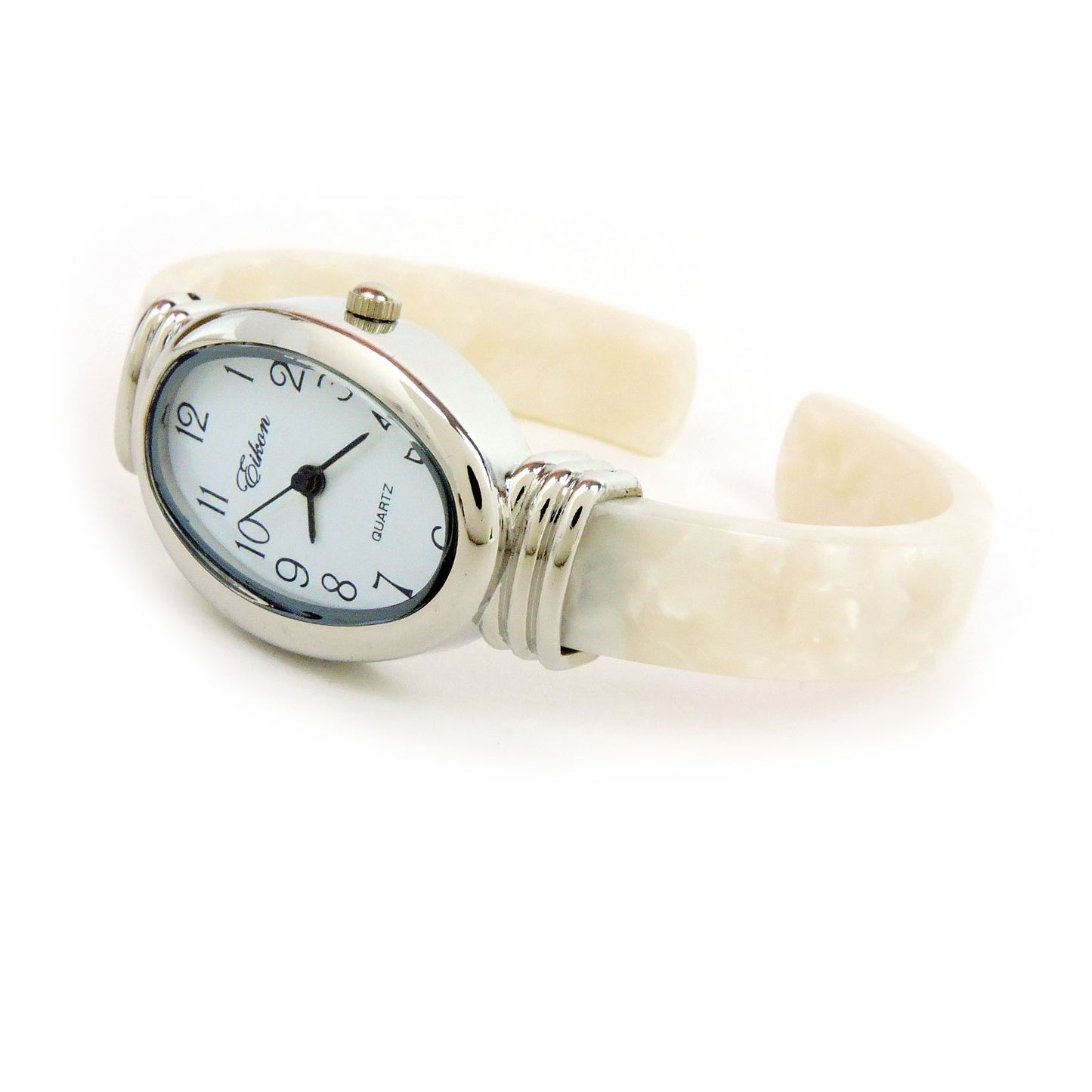 White Pearl Acrylic Band Silver Oval Case Women's Bangle Cuff Watch